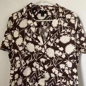 Silky Button Down Brown and Cream Floral Print Blouse